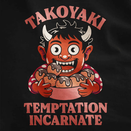 Close-up of black fabric featuring Japanese t-shirt design of oni with "TAKOYAKI TEMPTATION INCARNATE" text.