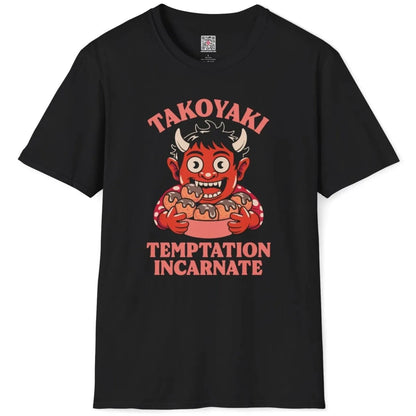 Black t-shirt flatlay with junk food shirt design showing grinning oni demon with takoyaki plate.