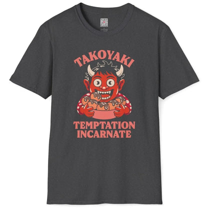 Dark heather t-shirt flatlay with cultural symbolism design of oni demon holding takoyaki balls.