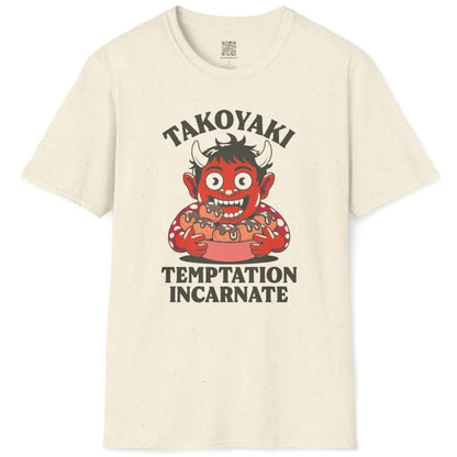 Natural t-shirt flatlay with Japanese folk tale inspired red oni serving takoyaki with sauce drizzle.