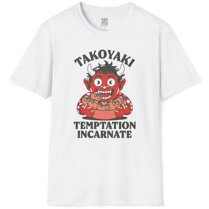 White t-shirt flatlay featuring bold typography "TAKOYAKI" above red oni with toothy grin.