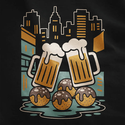 Close-up of black fabric featuring junk food shirt design with beer toast and takoyaki against cityscape.