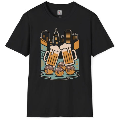 Black t-shirt flatlay with vibrant design of frothy beer mugs and Japanese snack popular takoyaki.