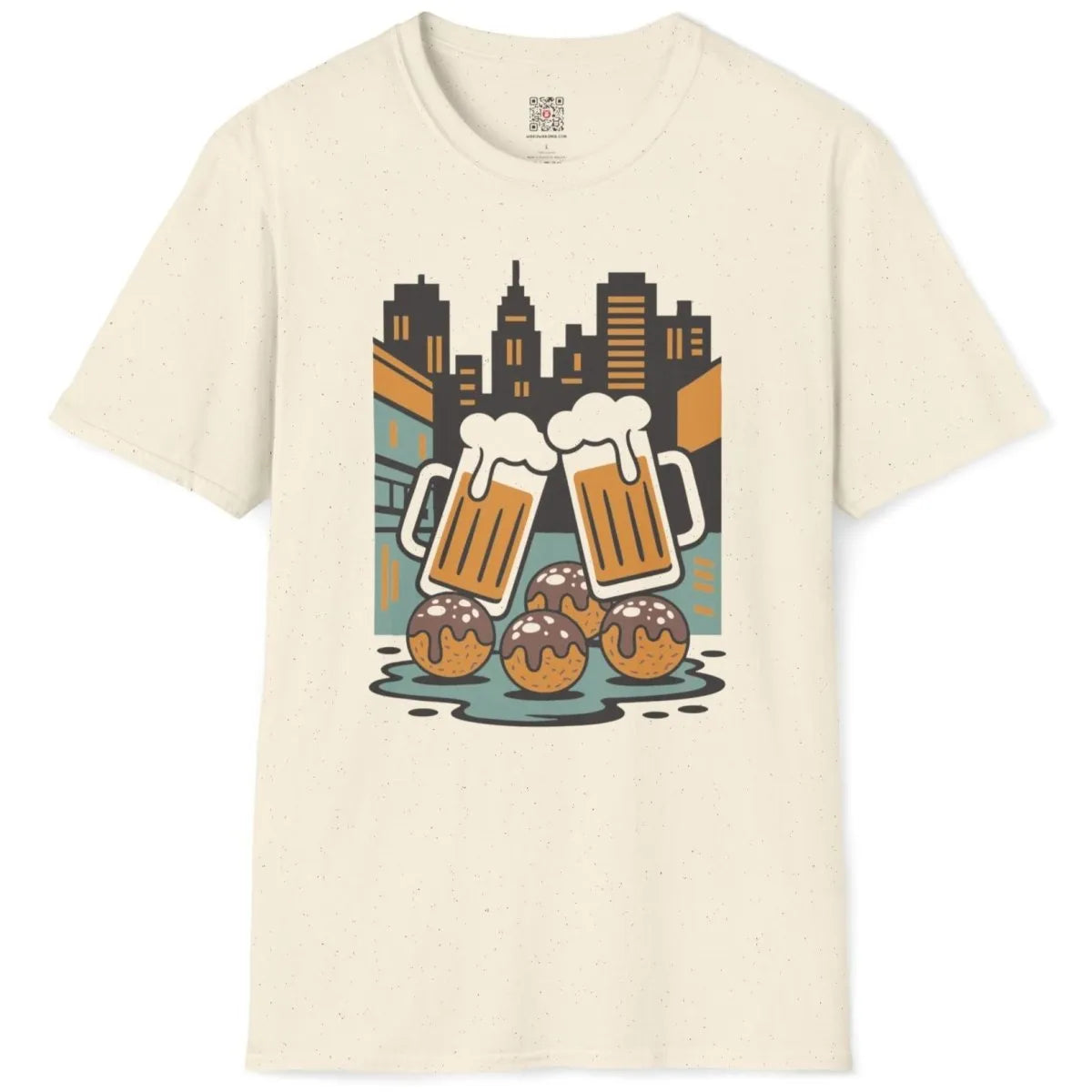 Natural t-shirt flatlay with urban night scene featuring golden beer and chocolate-glazed takoyaki.