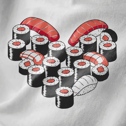 Close-up of sushi heart art on white fabric, featuring vibrant colors and sushi t-shirt design.