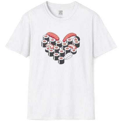 Flatlay of white t-shirt with sushi heart motif, combining kawaii sushi and graphic t-shirts stores appeal.