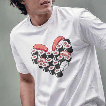 Male model in white t-shirt with sushi heart illustration, blending foodie style and love symbolism.