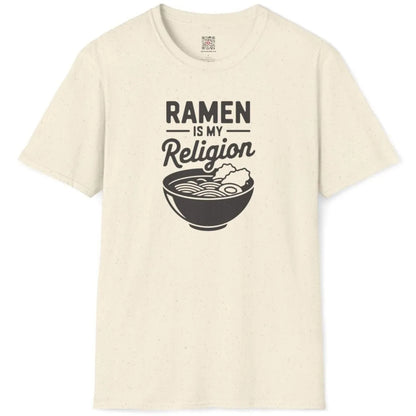 Natural t-shirt flatlay with RAMEN IS MY Religion text, elegant script, and minimalist ramen bowl, modern chic.