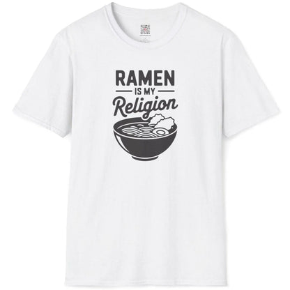 White t-shirt flatlay featuring RAMEN IS MY Religion bold text, script, and minimalist ramen bowl, ramen shirt.