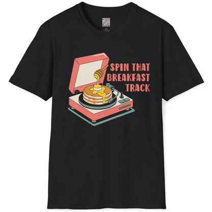 Black flatlay t-shirt featuring vintage record player, pancakes, and bold "SPIN THAT BREAKFAST TRACK". retro comic