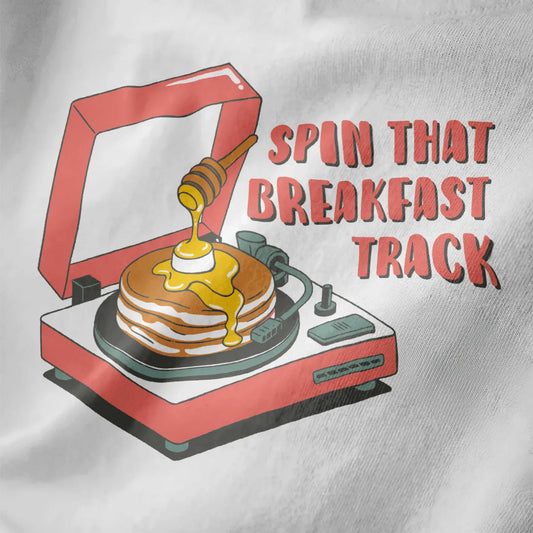 Soft pink vintage record player with pancakes and honey, bold text on white fabric. japanese t-shirts, whimsical
