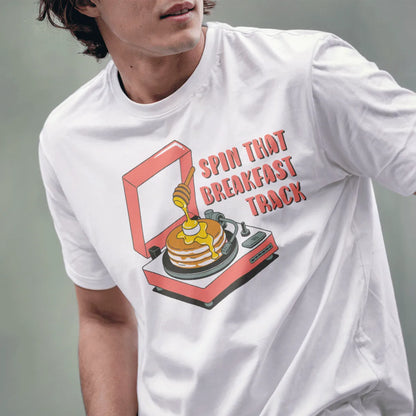 Male model in white t-shirt with cartoon record player, pancakes, and bold breakfast quote. japanese t-shirts