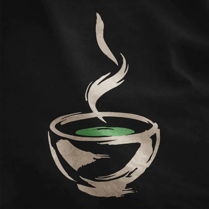 Black closeup of bold brushstroke bowl with green tea, rising steam, serene vibe. organic aesthetic