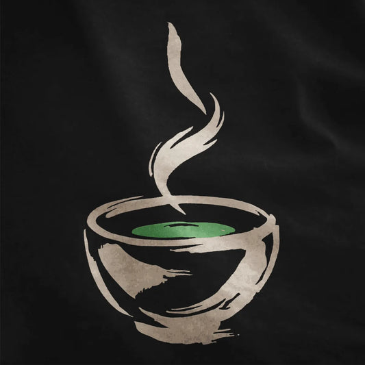 Black closeup of bold brushstroke bowl with green tea, rising steam, serene vibe. organic aesthetic