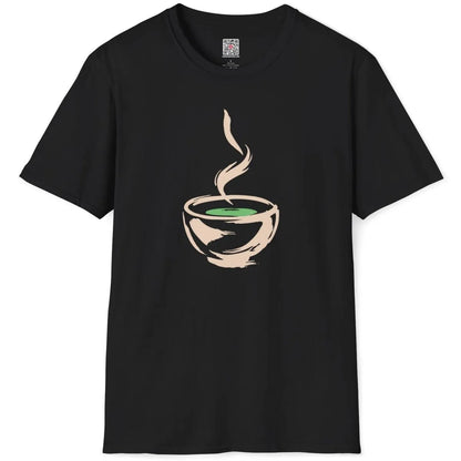 Black flatlay t-shirt, expressive ink bowl with green tea and steam, soothing composition. soulful design