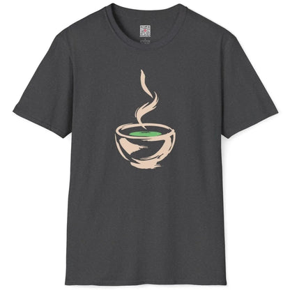 Dark heather flatlay, bold brushstroke bowl, green tea, rising steam, tranquil style. natural comfort