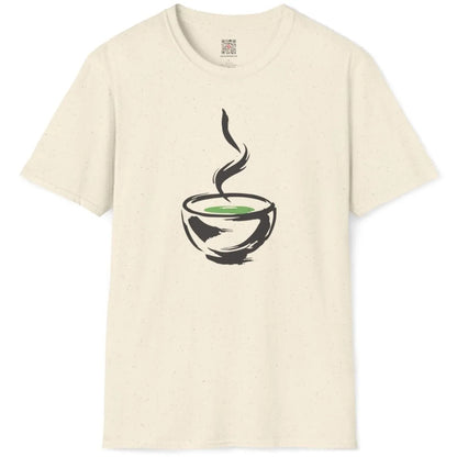 Natural flatlay t-shirt, minimalist bowl with green tea, elegant steam, rustic calm. balanced composition