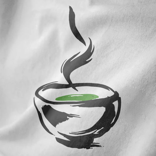 Minimalist steaming bowl in black ink style on white fabric, green tea interior, modern calm. japanese t-shirts