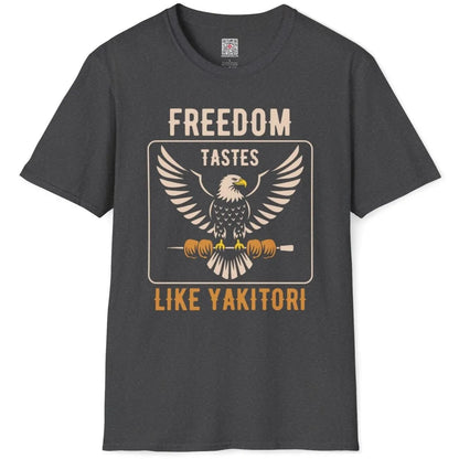 Dark heather flatlay, white eagle gripping yakitori, bold gold and blue text, modern style. regal symbolism