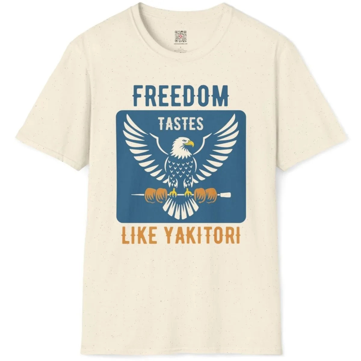 Natural flatlay t-shirt, eagle with yakitori, bold "FREEDOM" and "TASTES LIKE YAKITORI" text. cultural identity