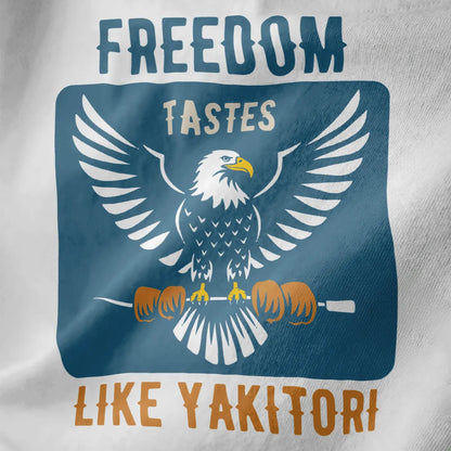 Majestic white eagle holding yakitori skewers, bold "FREEDOM" text, closeup on white fabric. japanese t-shirts