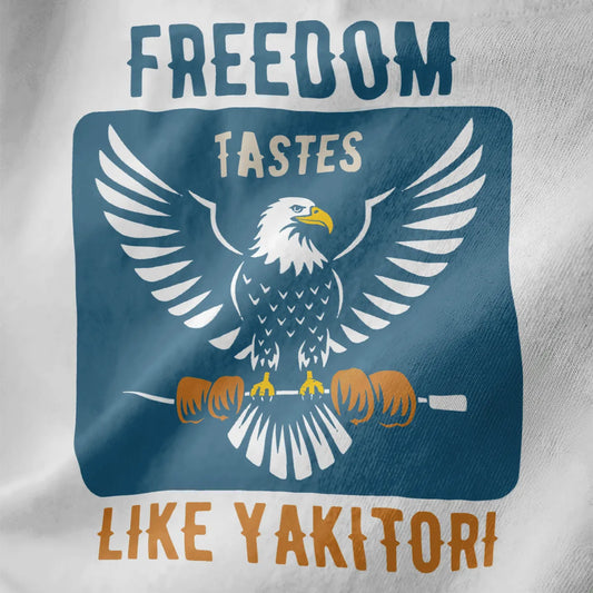 Majestic white eagle holding yakitori skewers, bold "FREEDOM" text, closeup on white fabric. japanese t-shirts