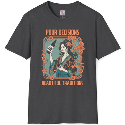 Dark heather flatlay with elegant geisha, orange floral frame, and playful "Pour Decisions" quote.