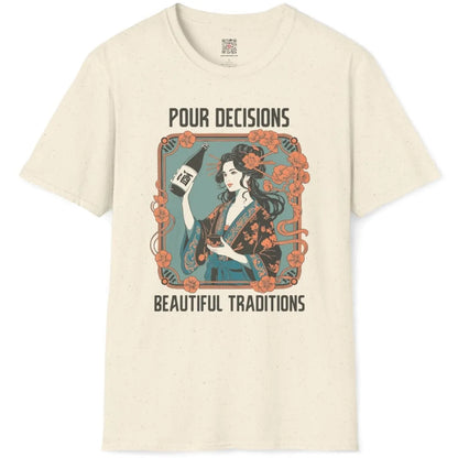Natural flatlay t-shirt with classic kimono woman, sake bottle, and vibrant floral accents.