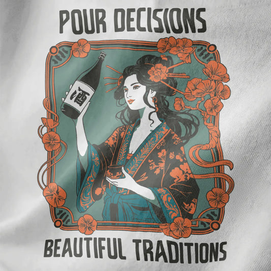 White fabric close-up of elegant kimono woman with sake, orange floral accents, and bold typography.