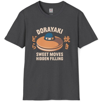 Dark heather flatlay t-shirt with dorayaki, ninja, Japanese text, and fusion cuisine theme.