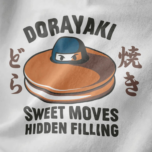 White fabric close-up of dorayaki pancake with hidden ninja, bold text, and modern Japanese style.