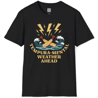 Black flatlay t-shirt with vibrant tempura prawns, teal waves, lightning bolts, and bold text.
