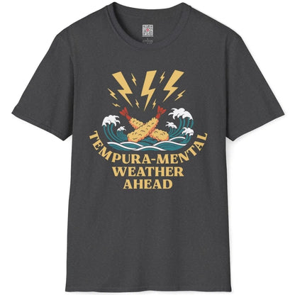Dark heather flatlay t-shirt with dynamic tempura prawns, stormy waves, and bold typography.