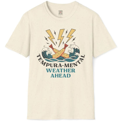 Natural flatlay t-shirt with cartoon tempura prawns, waves, and playful "Weather Ahead" quote.