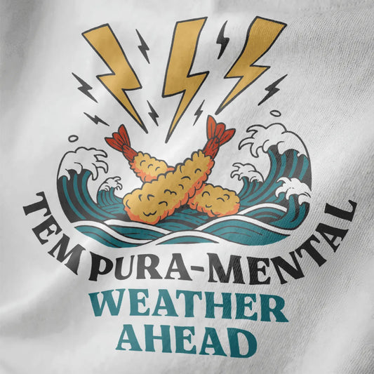 White fabric close-up of crossed tempura prawns, ocean waves, lightning, and bold "Tempura-Mental" text.
