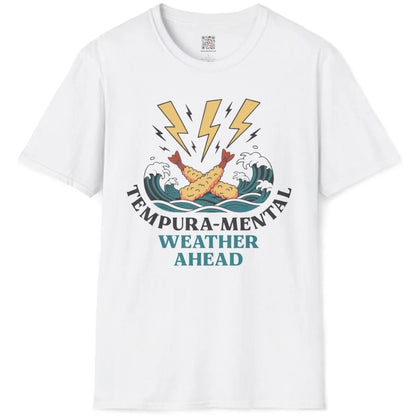 White flatlay t-shirt featuring tempura prawns, ocean waves, and witty "Tempura-Mental" wordplay.