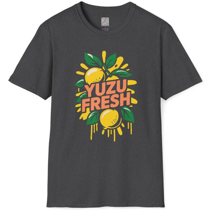 Dark heather t-shirt flatlay showing energetic yuzu citrus design, graphic design t shirt, bold text fonts.