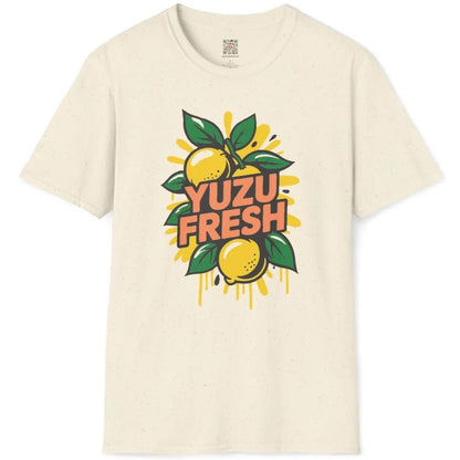 Natural t-shirt flatlay with fresh yuzu and green leaf illustration, soft aesthetics, japanese t-shirts.