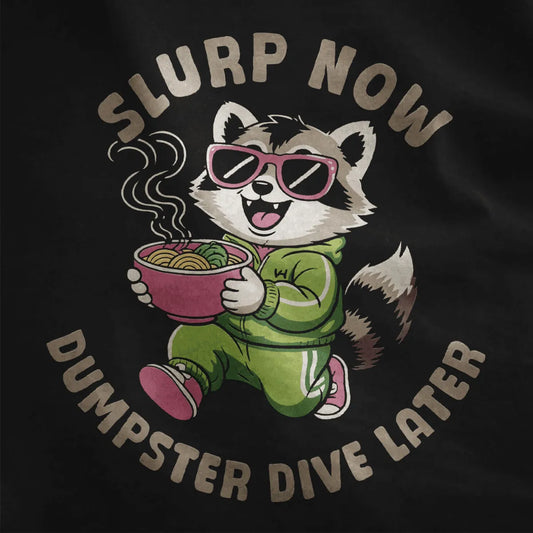 Close-up of playful raccoon in green tracksuit eating ramen, black shirt fabric, whimsical animal, ramen t-shirt.