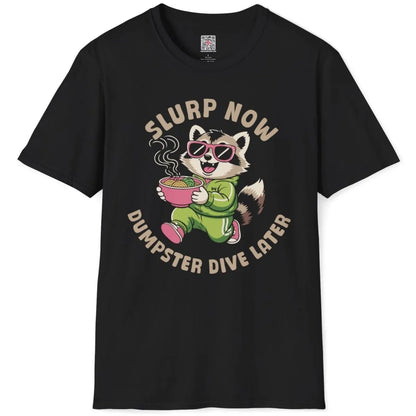 Black t-shirt flatlay with raccoon in tracksuit holding noodles, bold text, humorous quote, vibrant style.