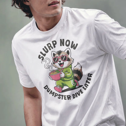 Male model in white t-shirt with raccoon eating ramen, oversized sunglasses, streetwear styles for men.