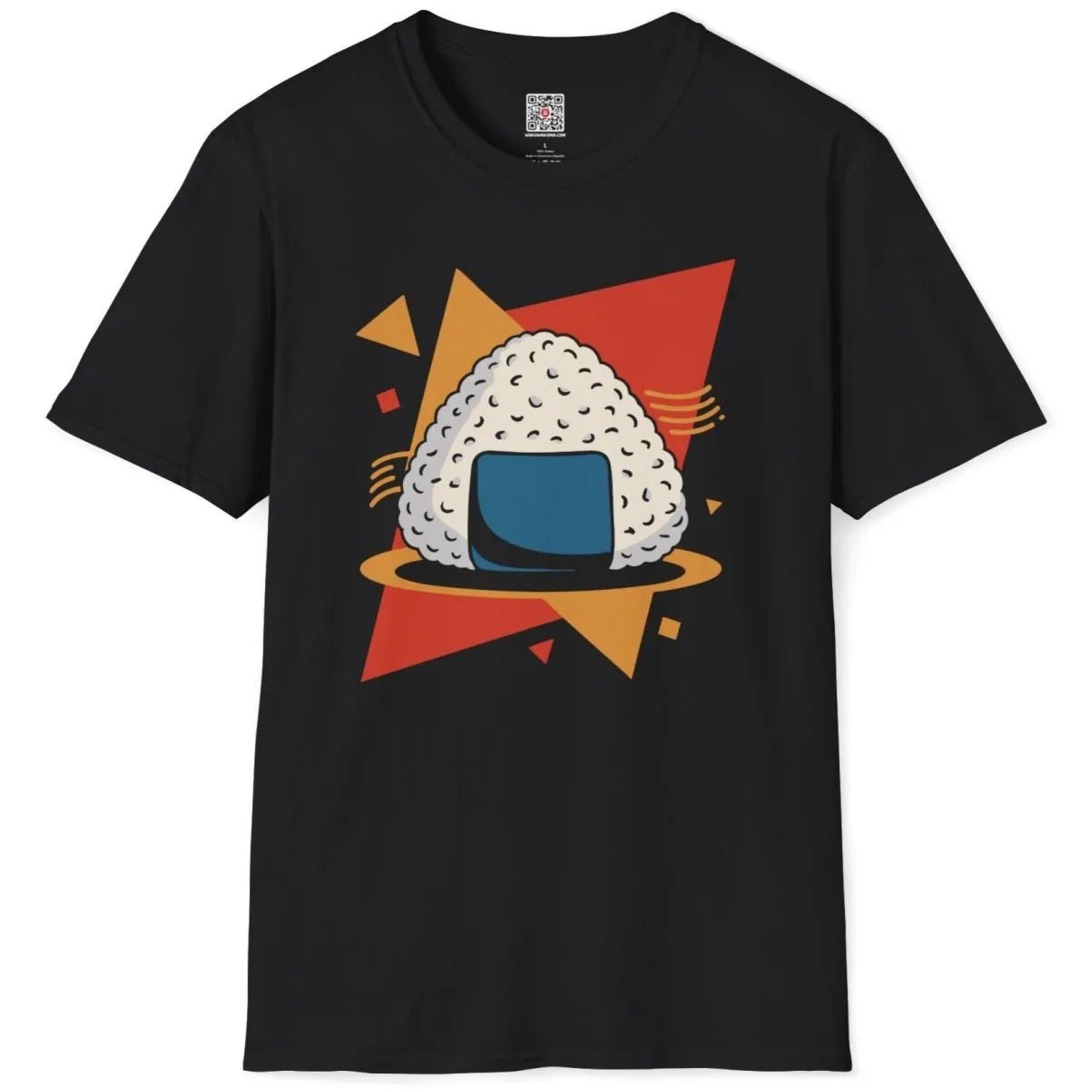Bold onigiri graphic with mustard and red accents on black shirt, fusion cuisine, vibrant style.