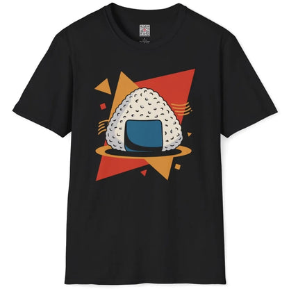 Bold onigiri graphic with mustard and red accents on black shirt, fusion cuisine, vibrant style.
