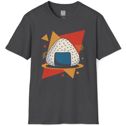 Contemporary onigiri design on dark heather shirt, retro design, japanese t-shirts.