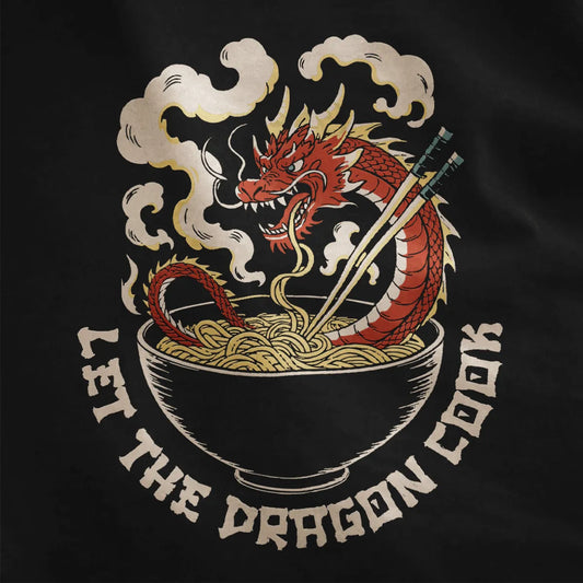 Fiery dragon and noodles with bold text on black fabric, japanese t-shirts, vibrant style.