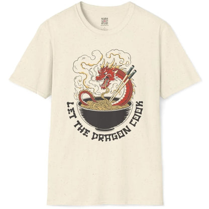 Red dragon and steaming noodles on natural shirt, modern tradition, fusion cuisine.