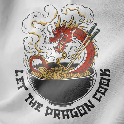Red dragon wraps steaming noodle bowl on white closeup, ramen t-shirt, dragon oriental art.