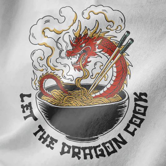 Red dragon wraps steaming noodle bowl on white closeup, ramen t-shirt, dragon oriental art.