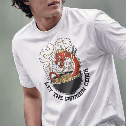 Male model in white t-shirt with dragon and noodle bowl, fusion cuisine, graphic design t shirt.