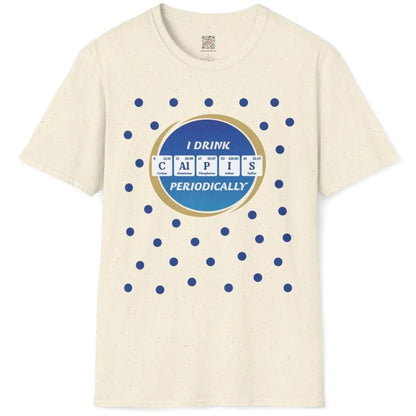 Natural t-shirt flatlay with blue "Calpis" periodic table, gold circle, blue dots; unisex t-shirt, japan shirts.